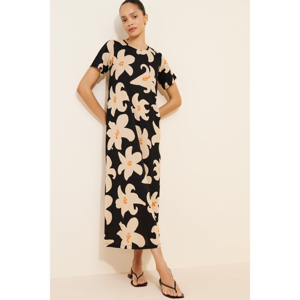 Marimekko Kalliokeilo Villinarsissi Maxi Dress Black Tan Floral Cotton Small